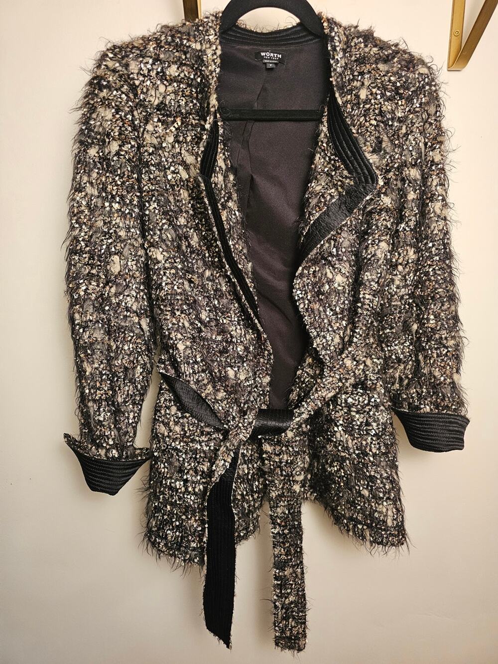 Worth NY Silk Lined Tweed Bouclé Belted Jacket in Multi-Color